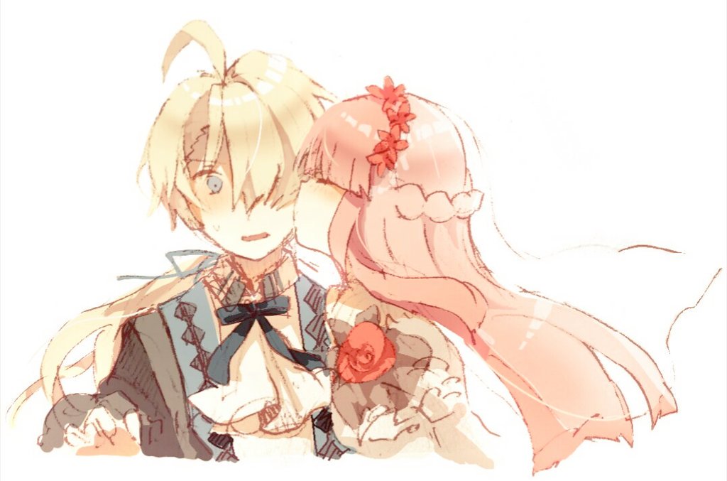 1boy, 1girl, ahoge, az_9649, blonde_hair, blue_eyes, blue_ribbon, braid