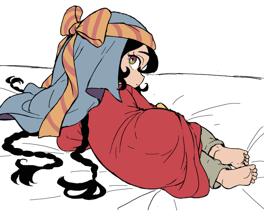 1girl, ass, barefoot, closed_mouth, commentary, feet, highres, loli, looking_back, lying, on_side, sitara, sketsa_mas_arif, soles, solo, tenmaku_no_jaadugar, toes