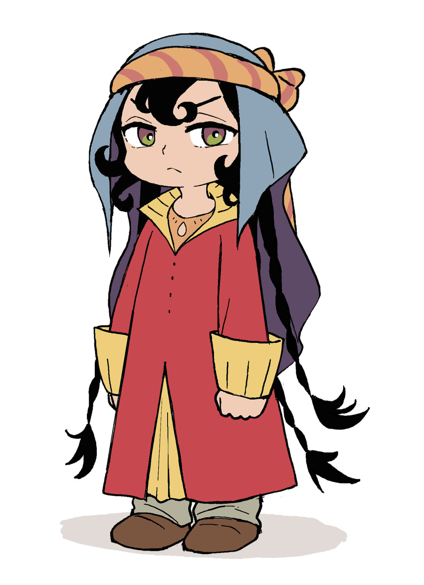 1girl, absurdres, black_hair, child, closed_mouth, commentary, frown, highres, long_hair, looking_at_viewer, sitara, sketsa_mas_arif, solo, standing, tenmaku_no_jaadugar