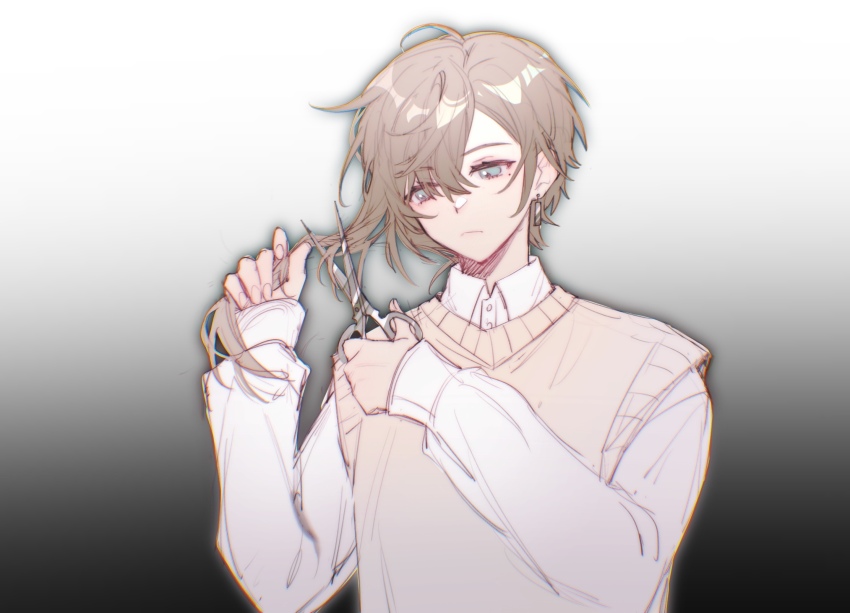 1boy, ahoge, aqua_eyes, brown_hair, buttons, chinese_commentary, chromatic_aberration, closed_mouth, collared_shirt, commentary_request, cutting_hair, cutting_own_hair, earrings, frown, highres, jewelry, kanae_(9th_costume)_(nijisanji), kanae_(nijisanji), laopeihuamamaketang, long_sleeves, male_focus, mole, mole_under_eye, nijisanji, shirt, simple_background, sleeves_past_wrists, solo, sweater_vest, upper_body, virtual_youtuber, white_shirt, wing_collar, yellow_sweater_vest