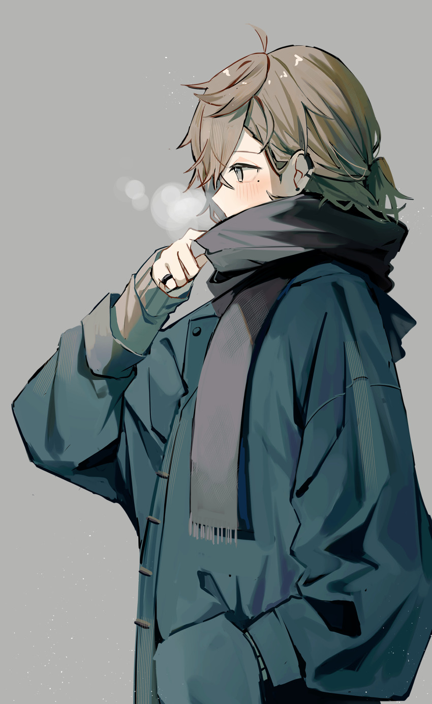 1boy, absurdres, ahoge, bingyue1121, black_scarf, blush, breath, brown_hair, brown_sweater, coat, commentary, earclip, from_side, green_coat, grey_background, grey_eyes, hand_in_pocket, highres, jewelry, kanae_(nijisanji), long_sleeves, male_focus, medium_hair, mole, mole_under_eye, nijisanji, ring, scarf, simple_background, solo, sweater, upper_body, virtual_youtuber