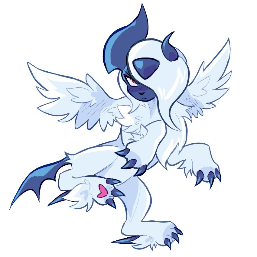absol, animal_focus, claws, closed_mouth, commentary, feathered_wings, full_body, gen_3_pokemon, hair_over_one_eye, highres, horns, izzypaw, looking_at_viewer, mega_absol, mega_pokemon, nintendo, no_humans, one_eye_covered, pokemon, pokemon_(creature), pokemon_focus, red_eyes, simple_background, solo, tachi-e, white_background, white_fur, white_hair, white_wings, wings