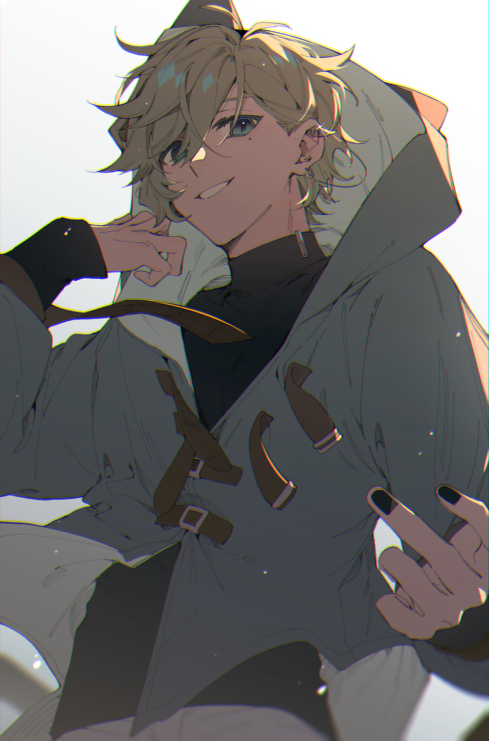 1boy, animal_hood, black_nails, black_sweater, blonde_hair, cat_hood, chinese_commentary, chromatic_aberration