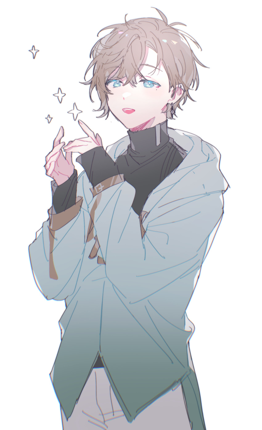 1boy, absurdres, aqua_coat, black_sweater, brown_hair, chinese_commentary, chromatic_aberration, coat