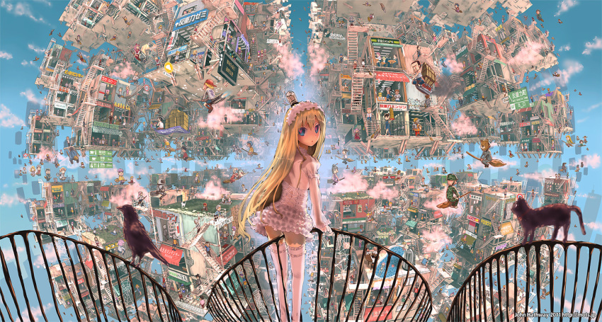 1girl, :o, between_thighs, bird, blonde_hair, blue_eyes, broom, cat, cityscape, cloud, fantasy, female_focus, fisheye, hairband, heart, heart-shaped_pupils, intricate_background, john_hathway, long_hair, looking_back, original, railing, science_fiction, sky, solo, symbol-shaped_pupils, thighhighs, thighs, vacuum_tube, vehicle, zettai_ryouiki