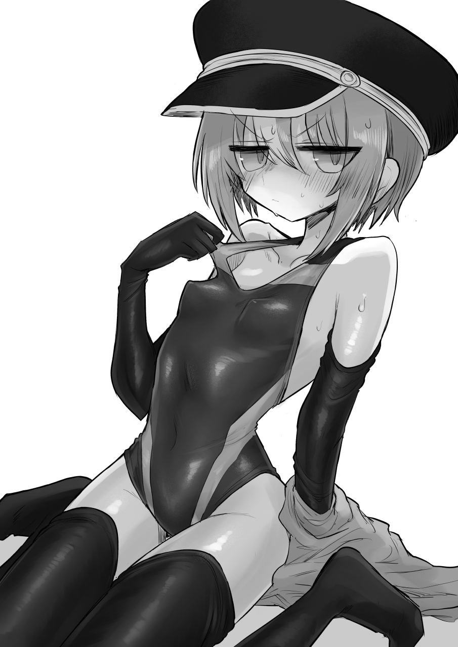 1girl, black_sleeves, black_thighhighs, blush, breasts, closed_mouth, commentary_request, covered_erect_nipples, covered_navel, detached_sleeves, furrowed_brow, galaxias, greyscale, hair_between_eyes, hat, highres, jio_holst_(galaxias), kyuusui_gakari, looking_at_viewer, monochrome, one-piece_swimsuit, short_hair, simple_background, small_breasts, solo, sweat, swimsuit, thighhighs, white_background