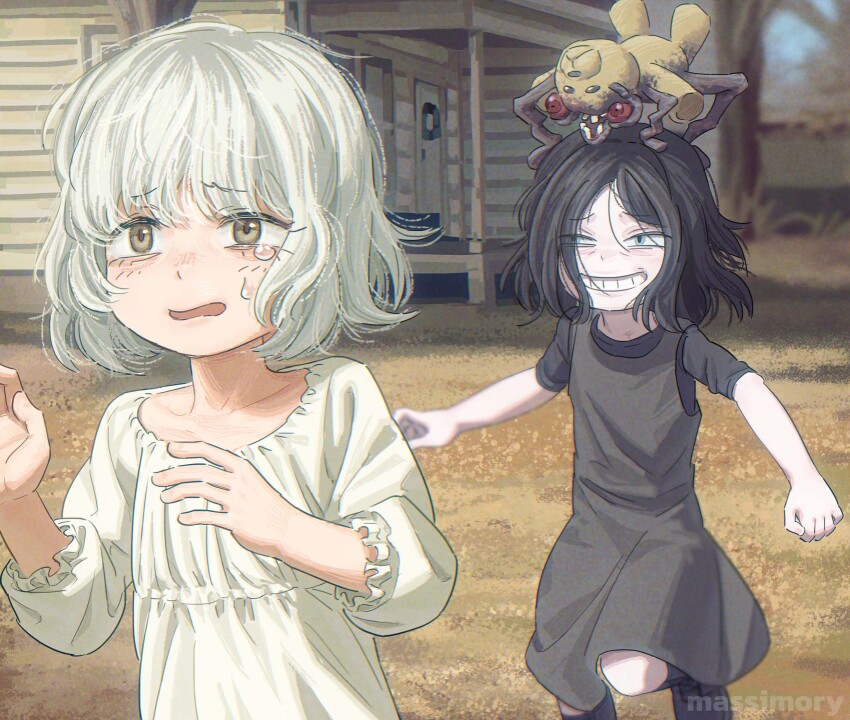 2girls, artist_name, black_dress, black_hair, black_shirt, brown_eyes, chasing, child, commentary, creature, creature_on_head, dress, emily_(resident_evil), english_commentary, eveline, evil_grin, evil_smile, grass, grey_eyes, grin, highres, house, massimo, multiple_girls, open_mouth, outdoors, raised_inner_eyebrows, resident_evil, resident_evil_7:_biohazard, resident_evil_requiem, running, shirt, short_hair, smile, stuffed_animal, stuffed_toy, tears, teddy_bear, white_dress, white_hair