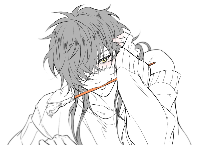 1boy, adjusting_hair, asahi_(baiyameng), commentary, eyepatch, hair_over_one_eye, hand_up, long_hair