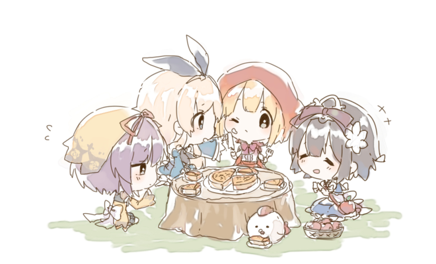 4girls, alice_(grimms_notes), alice_(original)_(grimms_notes), apple, az_9649, back_ribbon, bird, black_hair