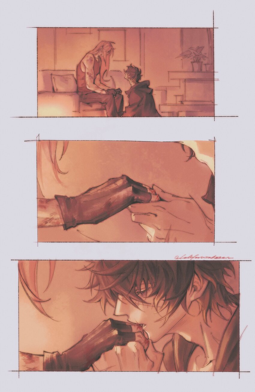 2boys, absurdres, black_gloves, black_hair, blood, blood_on_hands, border, bruise