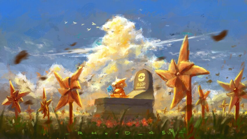 absurdres, blue_sky, cloud, commentary, cubone, english_commentary, flower, gen_1_pokemon