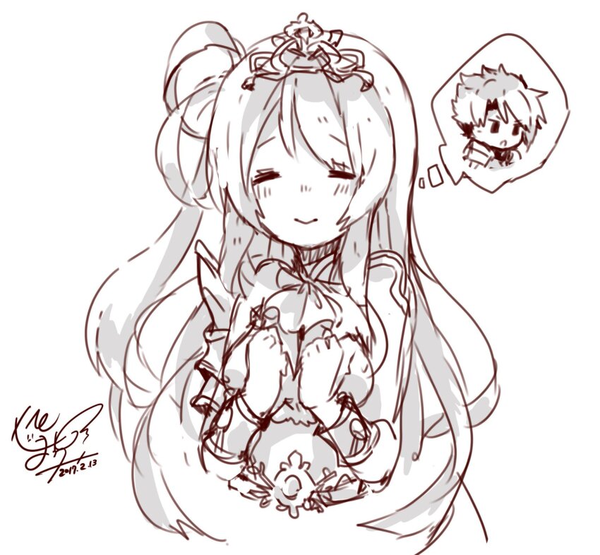 1boy, 1girl, az_9649, breasts, chibi, closed_eyes, closed_mouth, cropped_torso