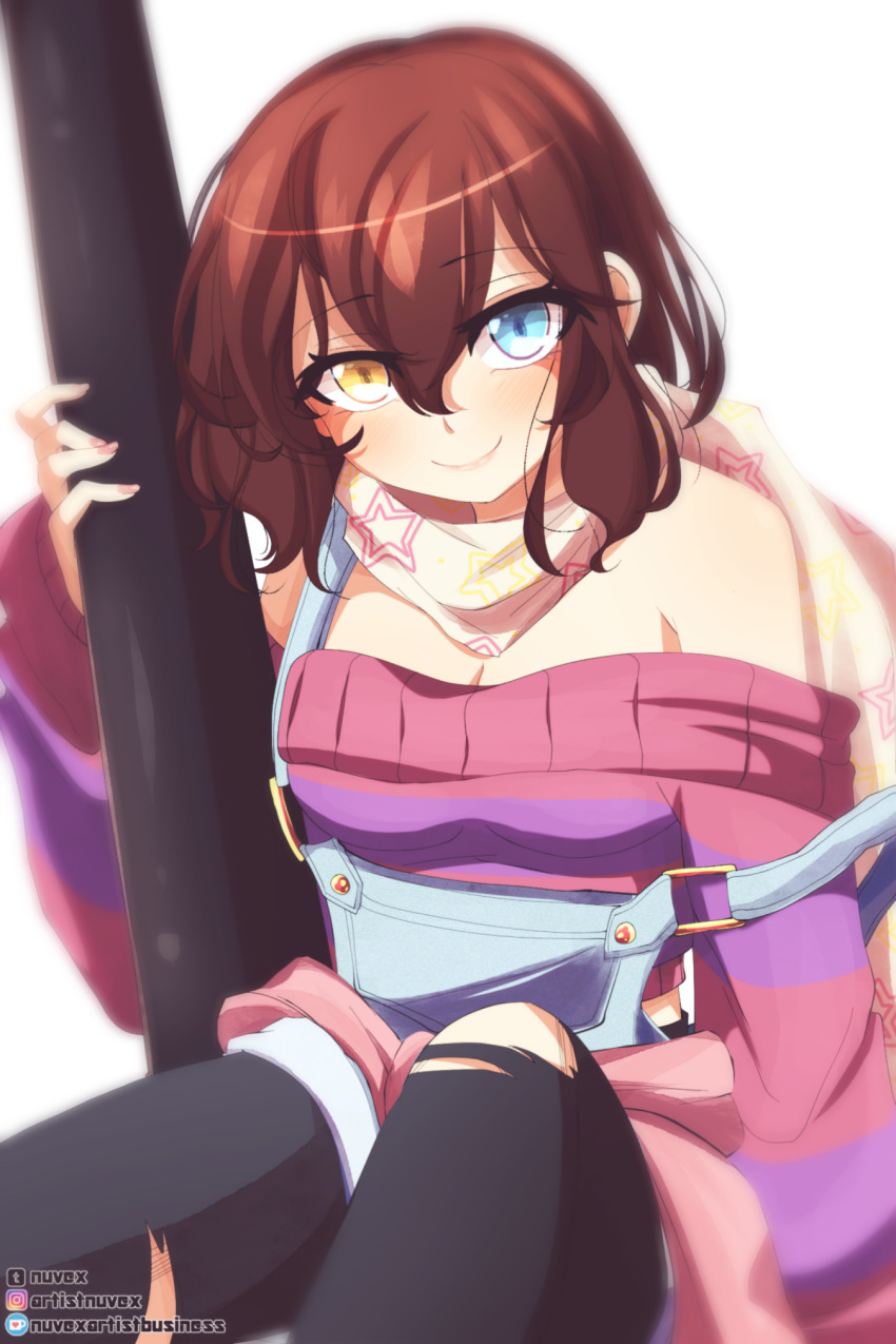 1girl, aged_up, alternate_universe, anime_coloring, arm_at_side, bare_shoulders, black_pantyhose, blue_eyes