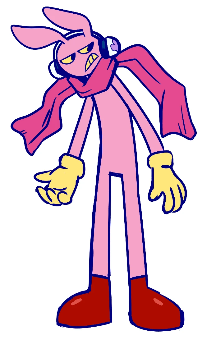 cosplay, cutemon, cutemon_(cosplay), digimon, gloves, headphones, jax_(the_amazing_digital_circus), scarf, simple_background, strontiumsun, teeth, the_amazing_digital_circus, white_background