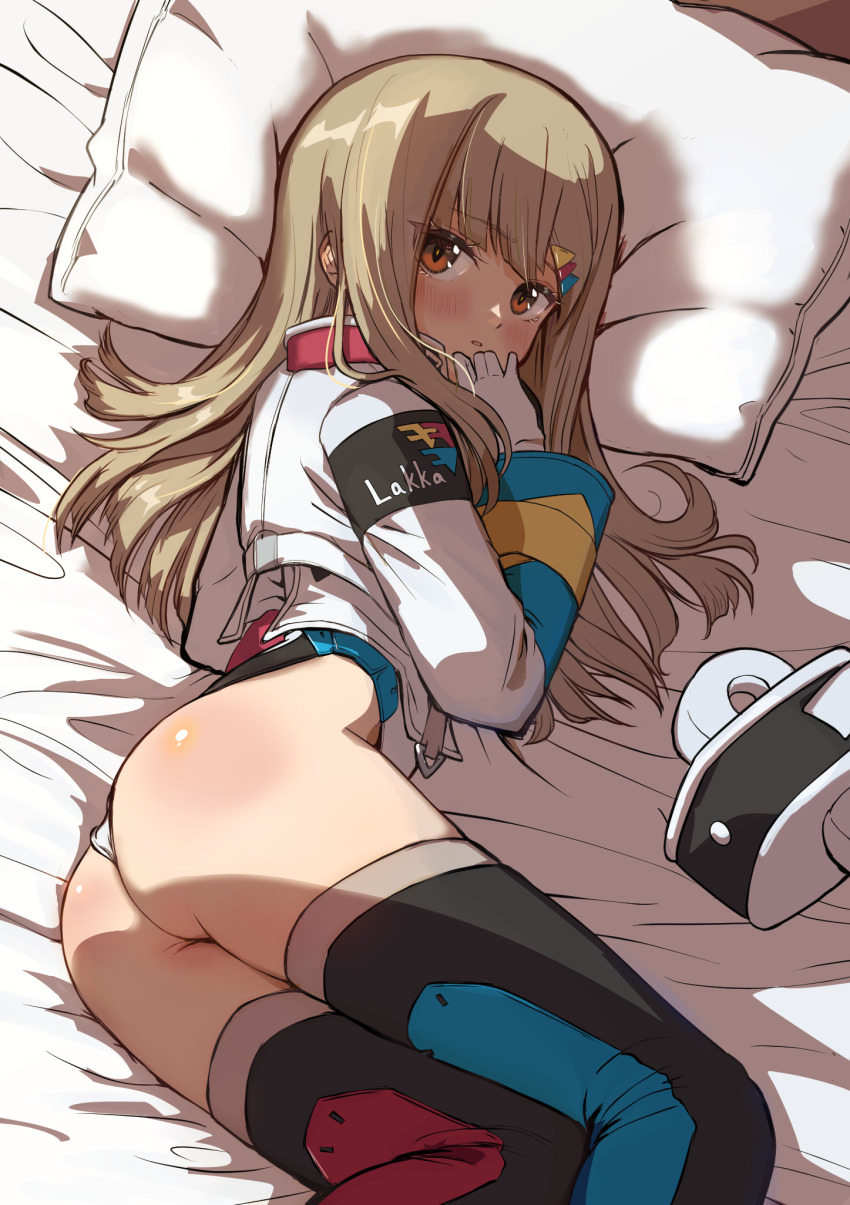 1girl, alice_gear_aegis, ass, bed_sheet, black_thighhighs, blush, brown_eyes, brown_hair