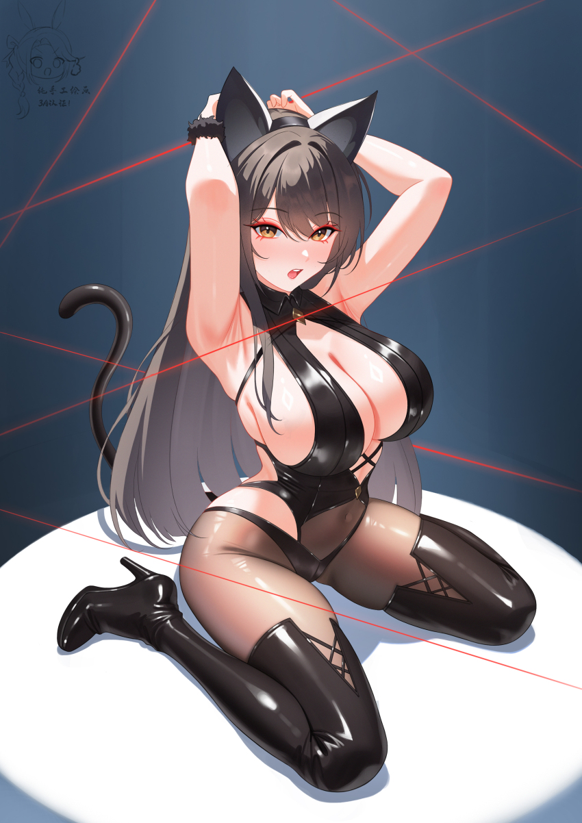 1girl, absurdres, animal_ear_hairband, animal_ears, armpits, arms_up, artist_logo, artist_name