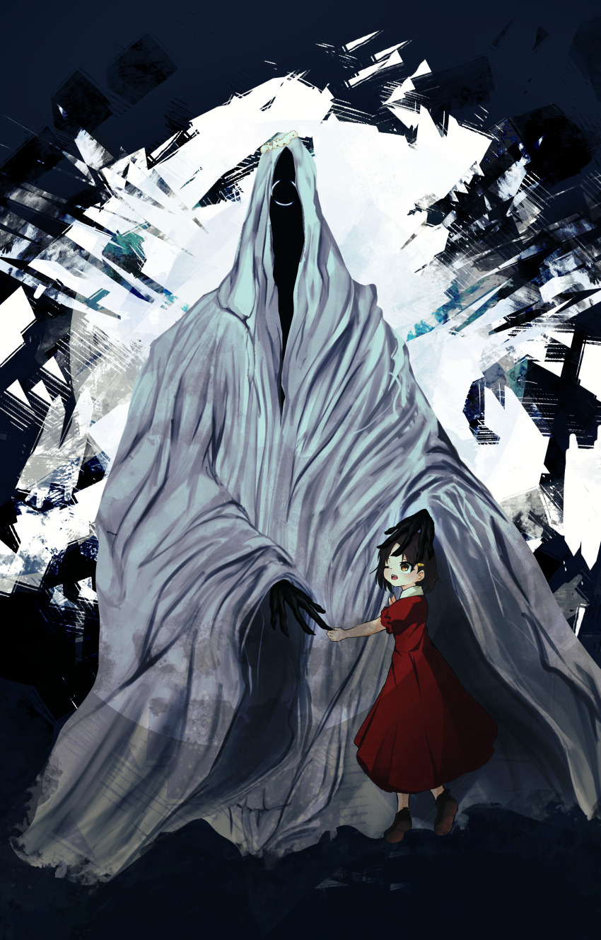 1girl, 1other, absurdres, child, cloak, commentary_request, dress, fate/strange_fake