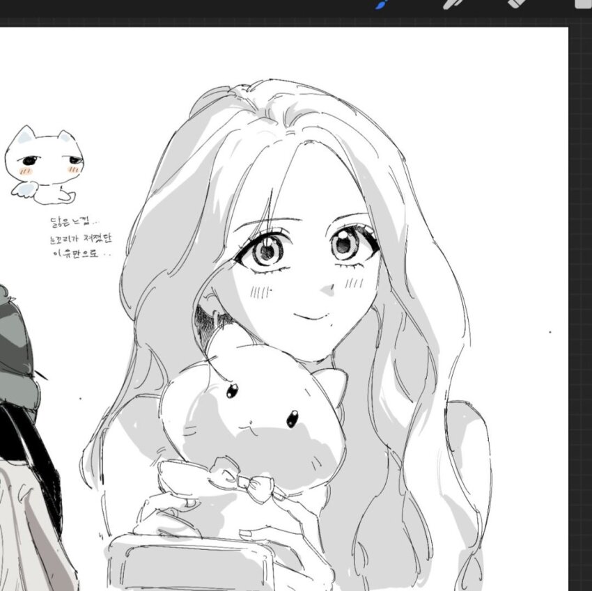1girl, animal, animification, art_program_in_frame, bow, cat, gaeul_(ive), greyscale, gwanghabseong, holding, holding_animal, holding_cat, ive_(group), k-pop, korean_text, long_hair, looking_at_viewer, mole, mole_under_eye, mole_under_mouth, monochrome, real_life, smile, solo, translation_request