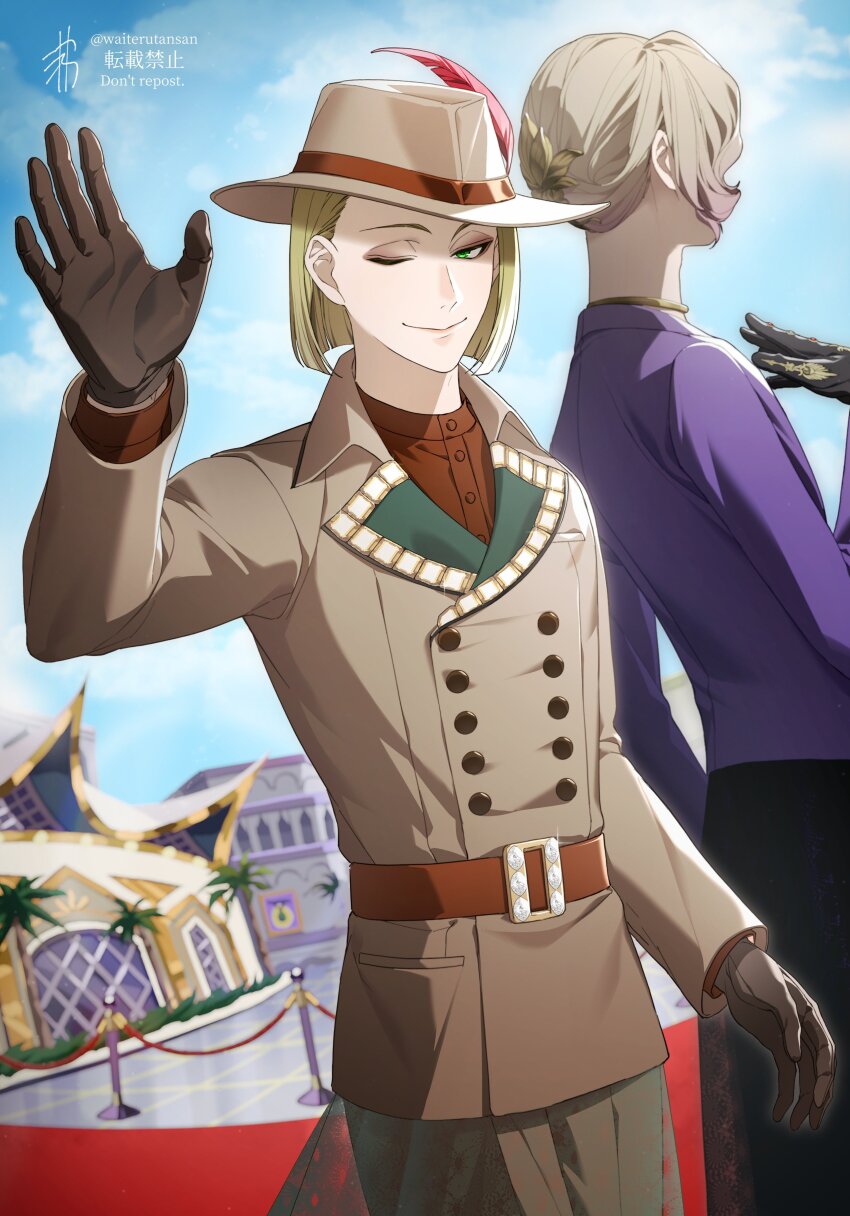 2boys, absurdres, arm_up, belt, bishounen, black_gloves, blonde_hair, bob_cut