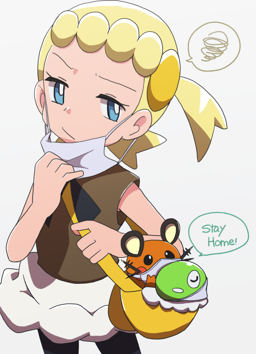 1girl, ao_anpk, bag, blonde_hair, blue_eyes, bonnie_(pokemon), brown_shirt, closed_eyes