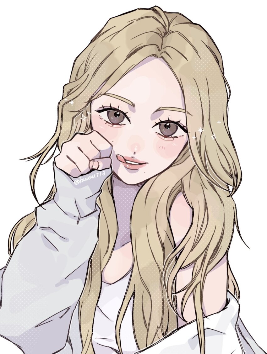 1girl, blonde_hair, blush, brown_eyes, clenched_hand, commentary, gaeul_(ive), grey_hoodie