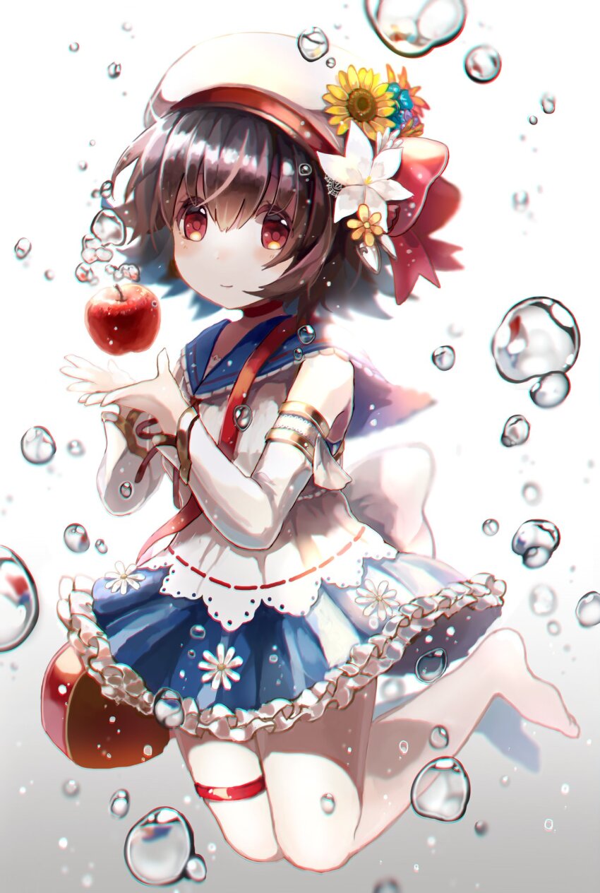 1girl, apple, az_9649, bag, brown_hair, bubble, closed_mouth, commentary_request