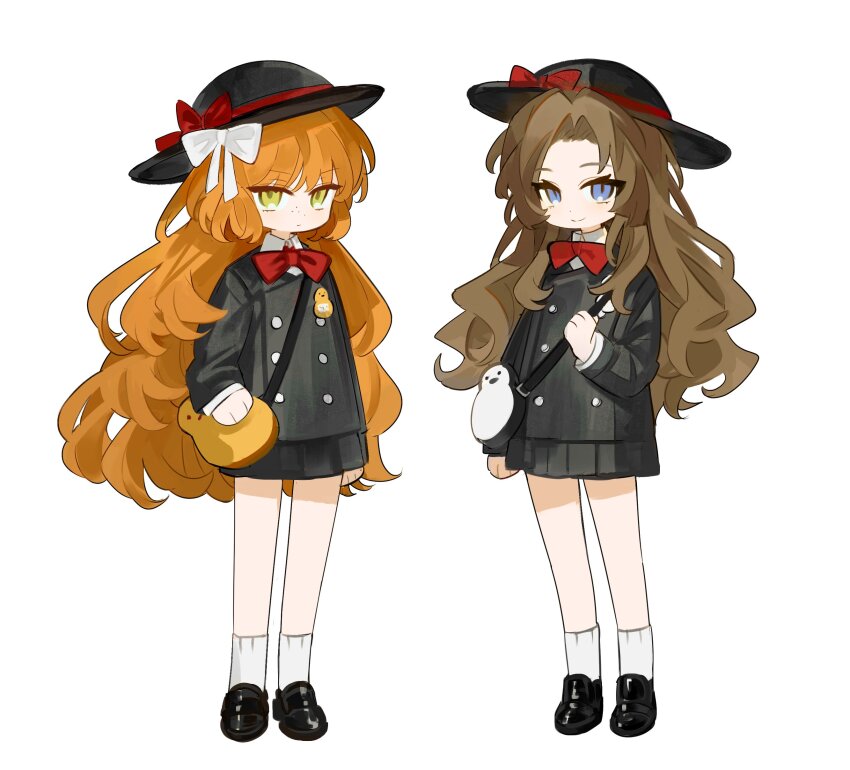 2girls, absurdres, aged_down, animal_bag, black_hat, black_jacket, black_shoes, black_skirt