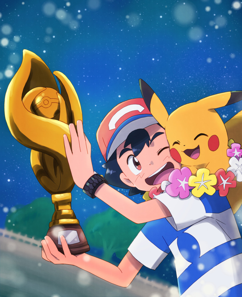 1boy, absurdres, ao_anpk, ash_ketchum, baseball_cap, black_hair, bracelet, brown_eyes