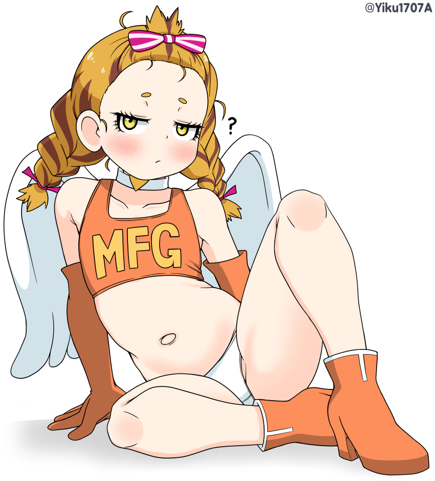 1girl, ?, absurdres, angel_wings, ankle_boots, bikini, blush, boots