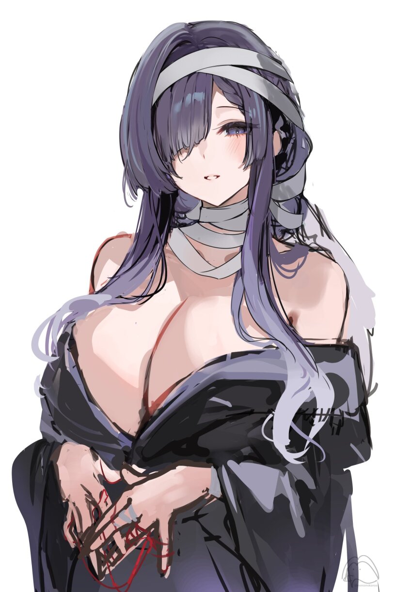 1girl, asama_(azur_lane), azur_lane, bandaged_head, bandaged_neck, bandages, bare_shoulders, black_kimono, breasts, cleavage, commentary_request, gradient_hair, grey_hair, hair_between_eyes, hair_over_one_eye, highres, huge_breasts, inverted_eyelashes, japanese_clothes, kimono, long_hair, looking_at_viewer, momokan_(kandume200), multicolored_hair, own_hands_together, parted_lips, purple_eyes, purple_hair, sidelocks, simple_background, sketch, solo, string, string_of_fate, upper_body, white_background, wide_sleeves
