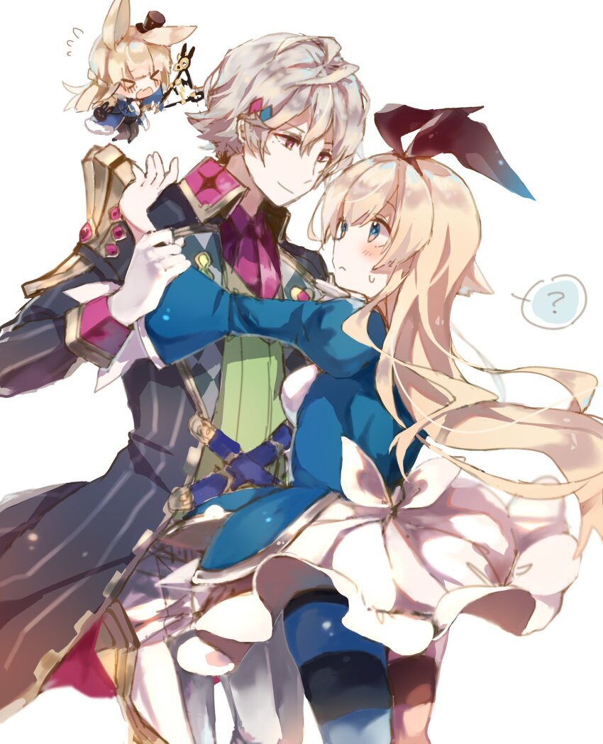 >_<, 1boy, 2girls, ?, alice_(grimms_notes), alice_(original)_(grimms_notes), animal_ears, antenna_hair