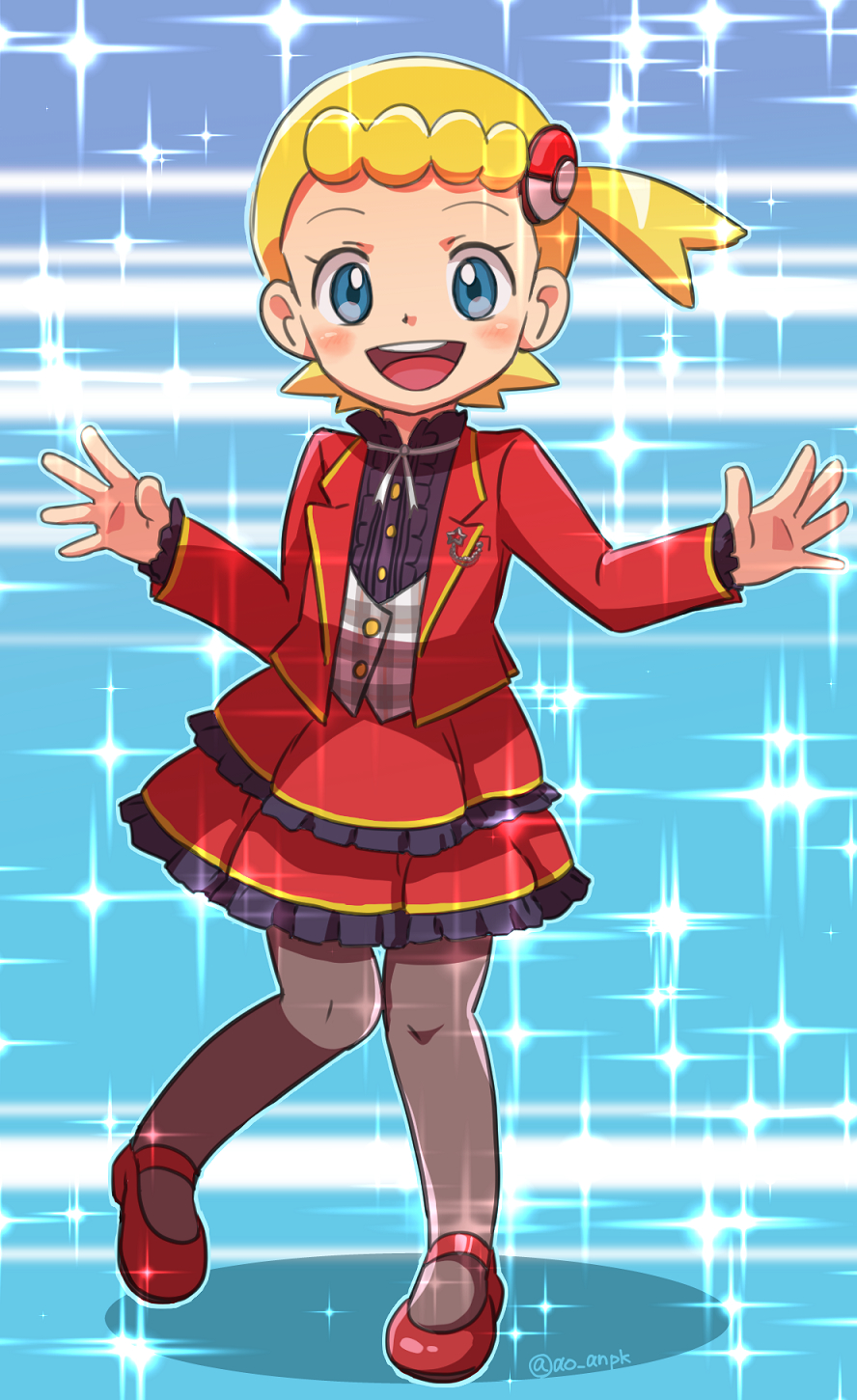 1girl, alternate_costume, ao_anpk, blonde_hair, blue_background, blue_eyes, blush, bonnie_(pokemon)