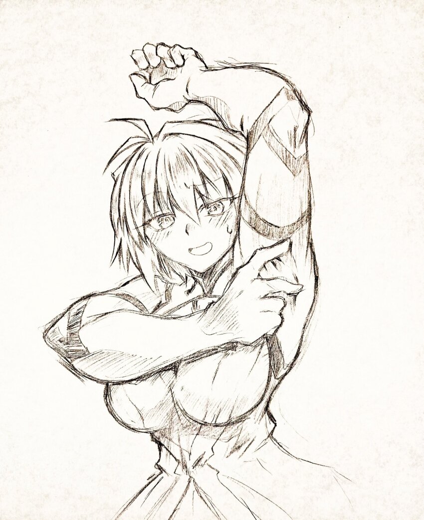 1girl, antenna_hair, arcueid_brunestud, arcueid_brunestud_(clad_in_glacier), armpit_focus, armpits, arms_up, bare_shoulders