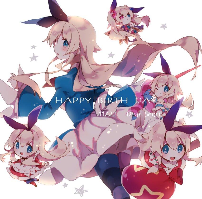 5girls, alice_(grimms_notes), alice_(kagami_no_kuni)_(grimms_notes), alice_(original)_(grimms_notes), alice_(seiya)_(grimms_notes), alice_(summer)_(grimms_notes), apron, aqua_eyes, asymmetrical_legwear, az_9649, bag, blonde_hair, blue_dress, blue_eyes, blush, chaos_alice_(grimms_notes), chaos_alice_(original)_(grimms_notes), dated, dress, from_behind, full_body, grimms_notes, hair_ornament, happy_birthday, heterochromia, highres, holding, holding_bag, holding_sword, holding_weapon, long_hair, looking_at_viewer, mismatched_legwear, multiple_girls, multiple_persona, panties, parted_lips, red_bag, red_dress, red_eyes, red_skirt, simple_background, skirt, souken_alice_qualia_(grimms_notes), star_(symbol), sword, twintails, underwear, weapon, white_apron, white_background, white_panties