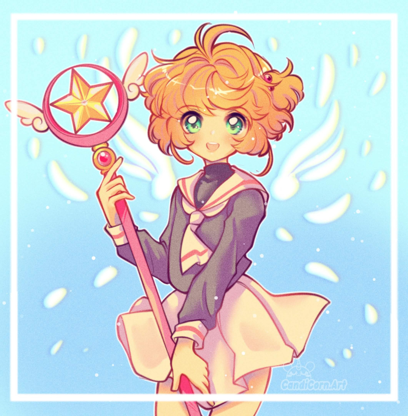 1girl, antenna_hair, artist_name, black_shirt, blue_background, brown_hair, candicornart, cardcaptor_sakura