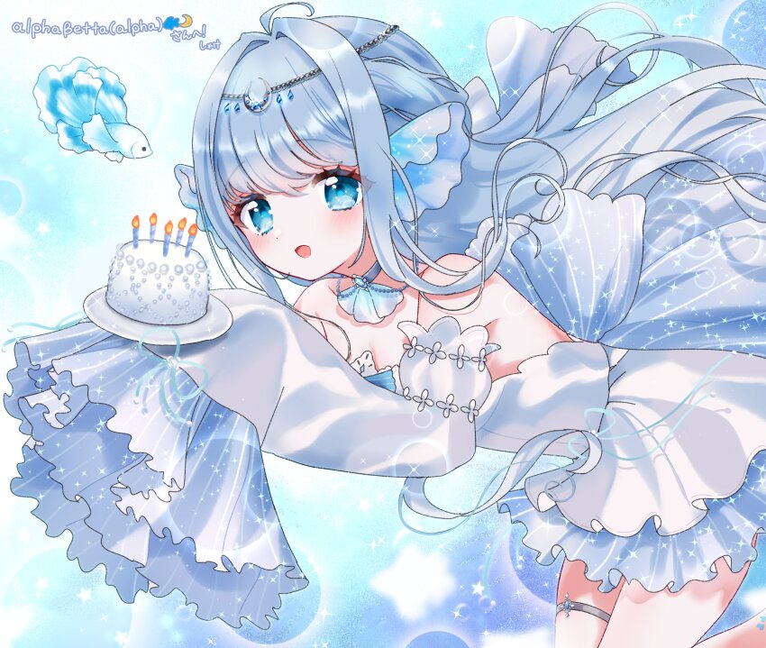 1girl, ahoge, alpha_betta_(vtuber), bare_shoulders, blue_choker, blue_eyes, blue_hair, blue_ribbon