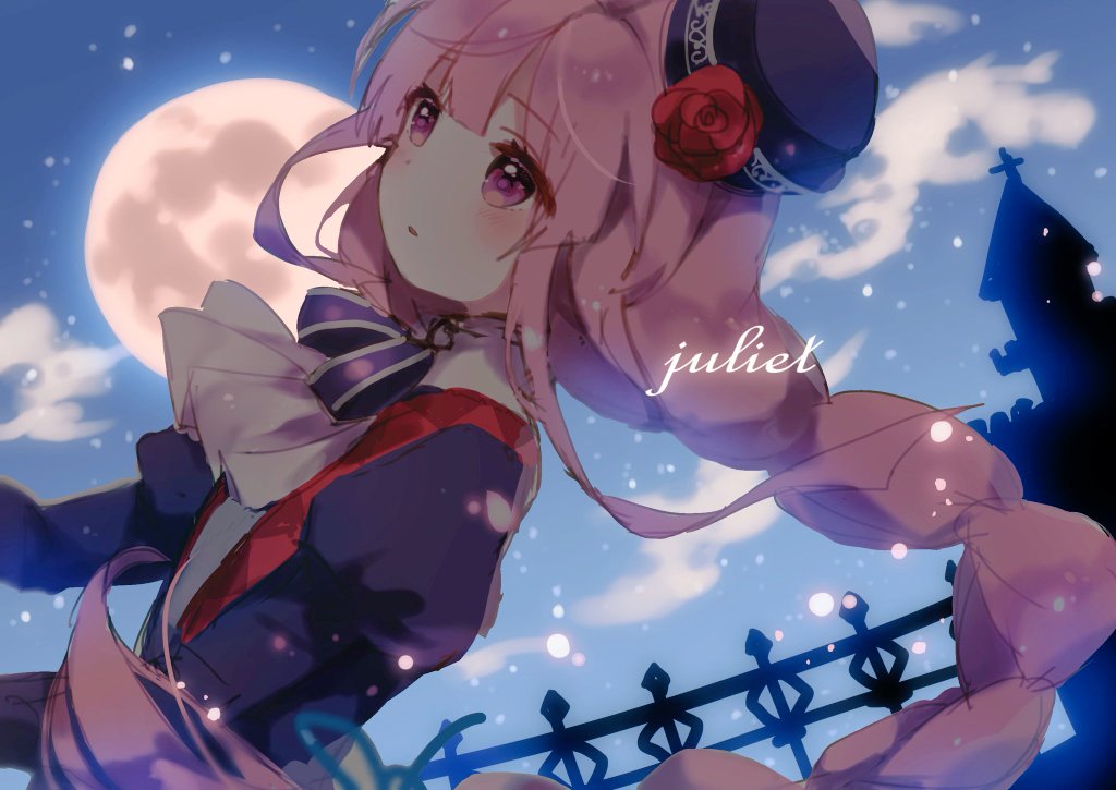 1girl, ascot, az_9649, black_coat, black_hat, braid, character_name, cloud