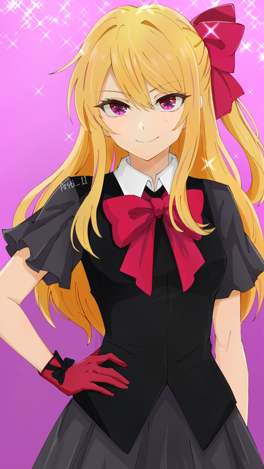 1girl, absurdres, arsti_11, black_dress, blonde_hair, bow, commentary, dress, english_commentary, gloves, hair_bow, hand_on_own_hip, highres, hoshino_ruby, idol, idol_clothes, long_hair, one_side_up, oshi_no_ko, pink_background, pink_eyes, red_bow, red_gloves, star-shaped_pupils, star_(symbol), symbol-shaped_pupils