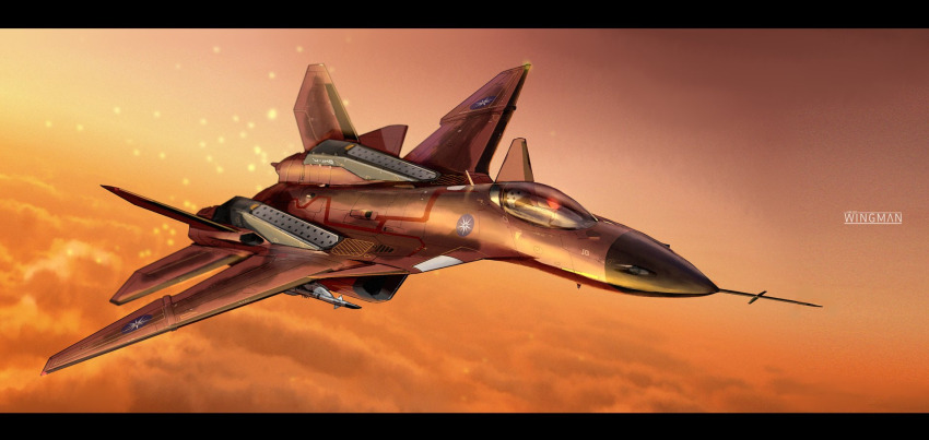 above_clouds, aircraft, airplane, anti-aircraft, anti-aircraft_missile, asterozoa, canards, canopy_(aircraft), cloud, commentary, copyright_name, crimson_1_(project_wingman), decal, english_commentary, fictional_aircraft, fighter_jet, flying, gradient_sky, helmet, highres, insignia, light_particles, military_vehicle, orange_sky, pilot, pilot_helmet, project_wingman, pw-mk1, sky, sunset, thrusters, vehicle_focus, weapon