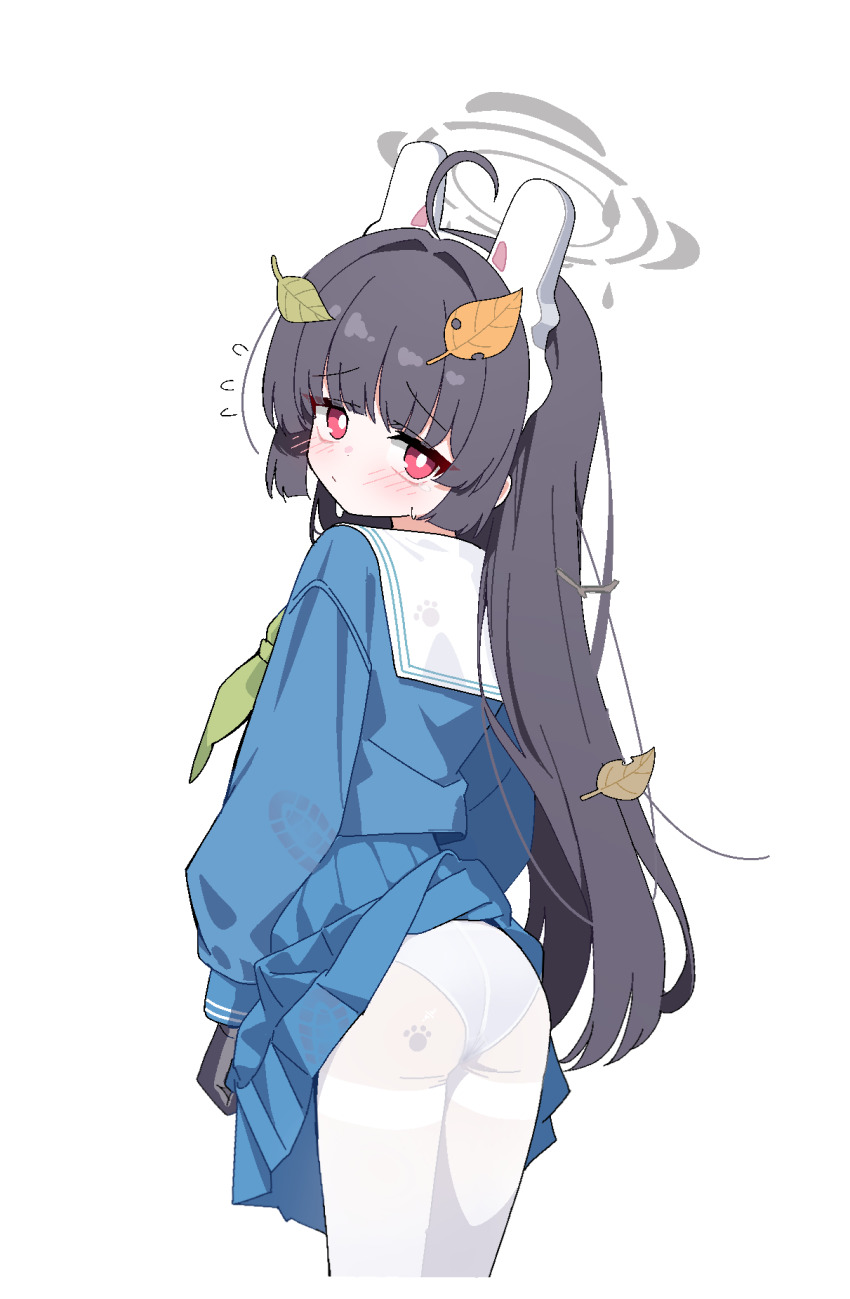 1girl, ahoge, animal_ears, ass, black_hair, blue_archive, blue_serafuku, blush, bright_pupils, closed_mouth, commentary, cropped_legs, dot_nose, fake_animal_ears, flying_sweatdrops, footprint_on_body, from_behind, green_neckerchief, grey_halo, halo, highres, hime_cut, leaf, leaf_on_head, lmg7811, loli, long_hair, looking_at_viewer, looking_back, miyu_(blue_archive), neckerchief, panties, panties_under_pantyhose, pantyhose, pantyshot, paw_print, rabbit_ears, raised_inner_eyebrows, red_eyes, school_uniform, serafuku, simple_background, skirt, skirt_flip, solo, sweatdrop, thighband_pantyhose, thighs, underwear, white_background, white_pantyhose, white_pupils