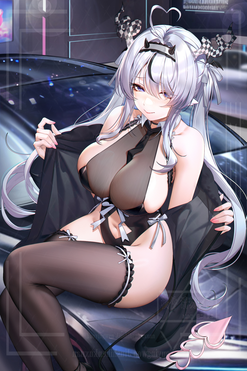 1girl, absurdres, ahoge, bare_shoulders, between_breasts, bilibili_username, black_headband, black_horns, black_leotard, black_necktie, black_thighhighs, blue_eyes, bodystocking, bow, breasts, car, character_request, checkered_horns, chinese_commentary, cleavage, closed_mouth, clothes_between_breasts, clothing_cutout, commentary_request, groin, halterneck, hands_up, headband, heart, heart_ahoge, high_heels, highres, horns, indie_virtual_youtuber, large_breasts, leotard, long_hair, looking_ahead, motor_vehicle, nail_polish, navel, navel_cutout, necktie, necktie_between_breasts, on_car, open_clothes, outdoors, pink_nails, q18607, see-through_cleavage, see-through_clothes, side-tie_leotard, sideboob, sitting, small_horns, smile, solo, tail, thigh_bow, thighhighs, thighs, twintails, very_long_hair, virtual_youtuber, watermark, white_bow, white_hair