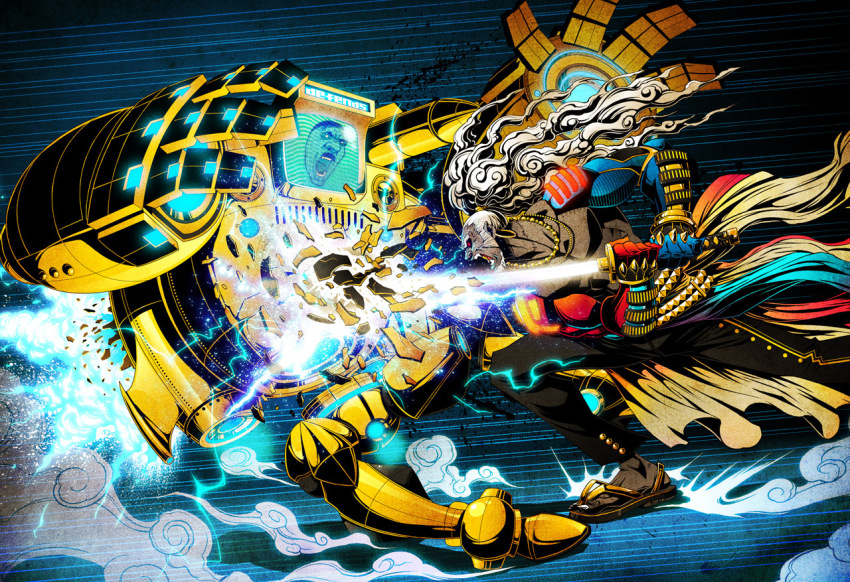 1boy, armor, battle, belt, energy_sword, explosion, godtail, jewelry