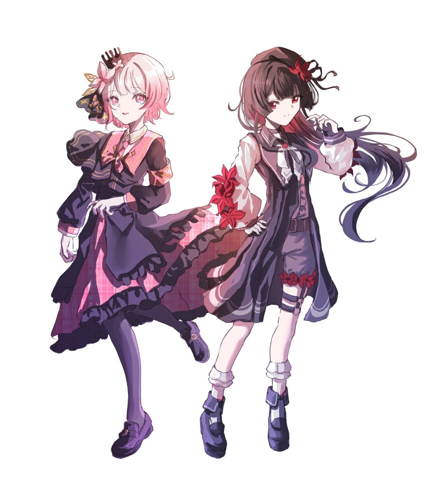 2girls, absurdres, beret, black_dress, black_hair, black_hat, black_pantyhose, black_shirt, black_shoes, black_shorts, black_skirt, color_switch, commentary_request, cosplay, costume_switch, dress, flower, frilled_skirt, frills, full_body, gradient_hair, hair_flower, hair_ornament, hand_on_own_hip, hand_up, harumachi_kanata, hat, highres, long_hair, long_sleeves, looking_at_viewer, mahou_shoujo_no_majo_saiban, multicolored_hair, multiple_girls, nikaido_hiro, nikaido_hiro_(cosplay), open_mouth, pantyhose, pink_eyes, pink_hair, red_eyes, red_flower, sakuraba_ema, sakuraba_ema_(cosplay), shirt, shoes, short_hair, shorts, simple_background, skirt, smile, socks, standing, standing_on_one_leg, white_background, white_socks