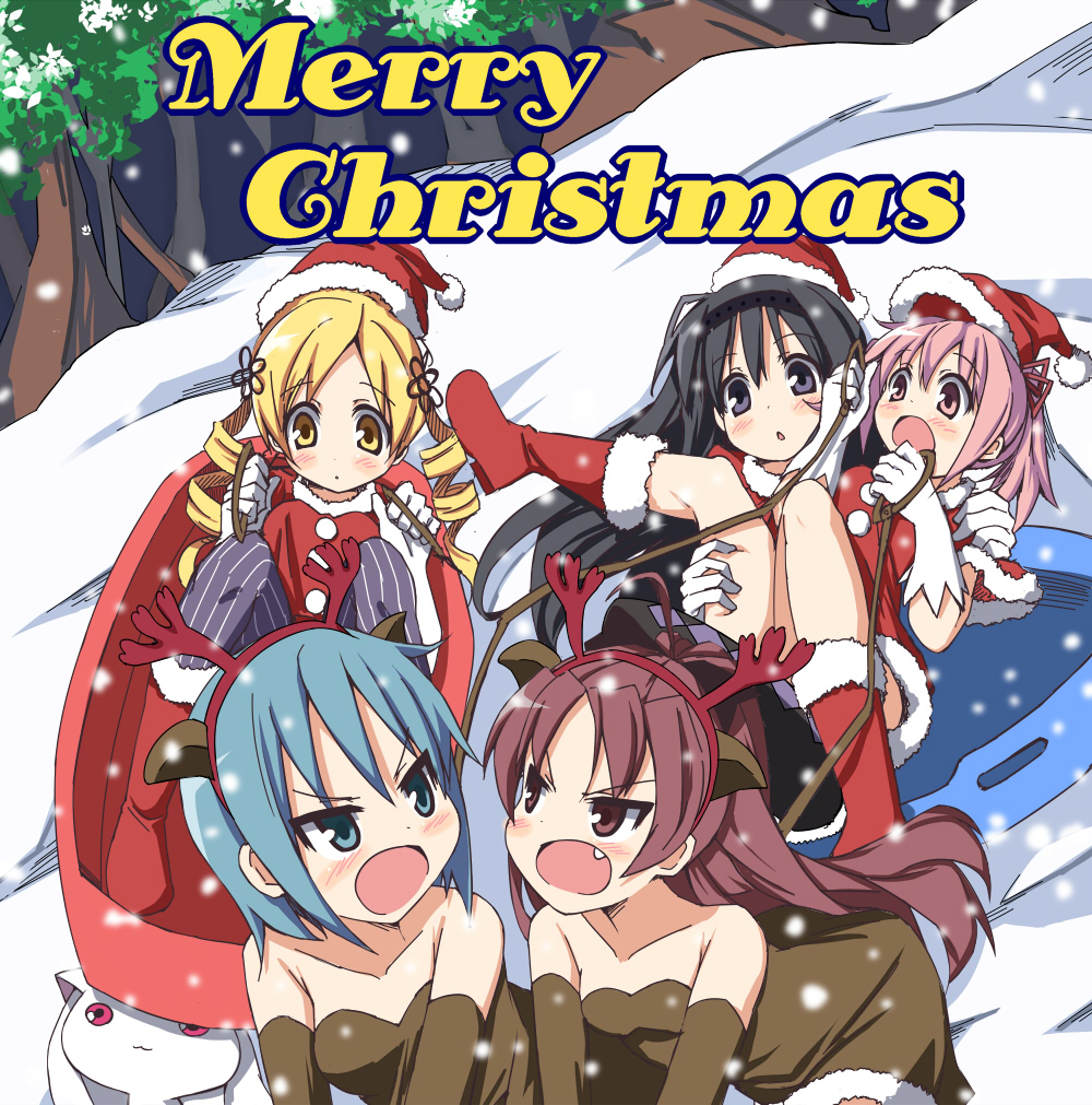 10s, 5girls, akemi_homura, alternate_costume, black_hair, blonde_hair, blue_eyes, blue_hair, blush, darkside, drill_hair, fang, kaname_madoka, kyubey, long_hair, mahou_shoujo_madoka_magica, mahou_shoujo_madoka_magica_(anime), merry_christmas, miki_sayaka, multiple_girls, open_mouth, pink_eyes, pink_hair, purple_eyes, red_eyes, red_hair, sakura_kyoko, santa_costume, snow, tomoe_mami, twin_drills, twintails, yellow_eyes