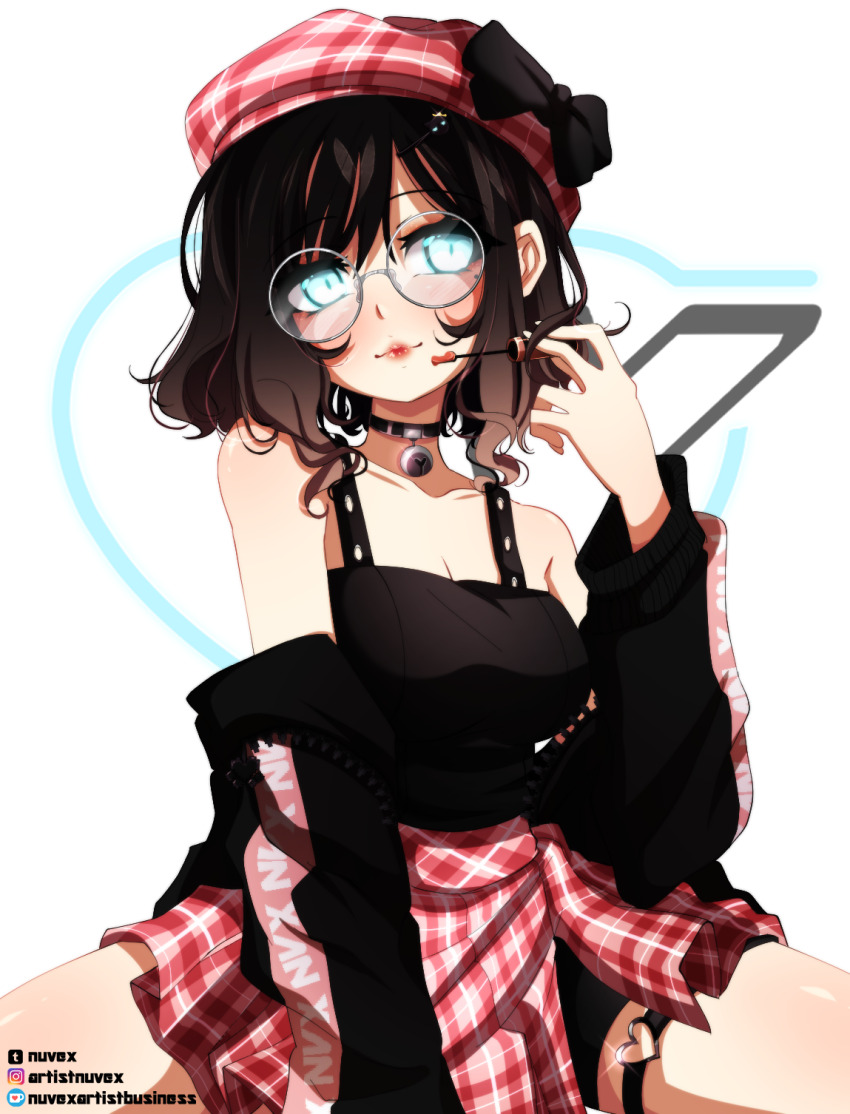 1girl, arm_between_legs, bare_shoulders, beanie, bell, bike_shorts, bike_shorts_under_skirt, black_bow