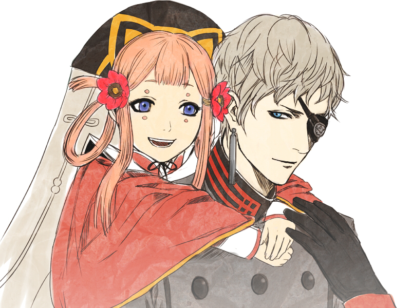 10s, 1boy, 1girl, blue_eyes, eyepatch, flower, gloves, last_exile