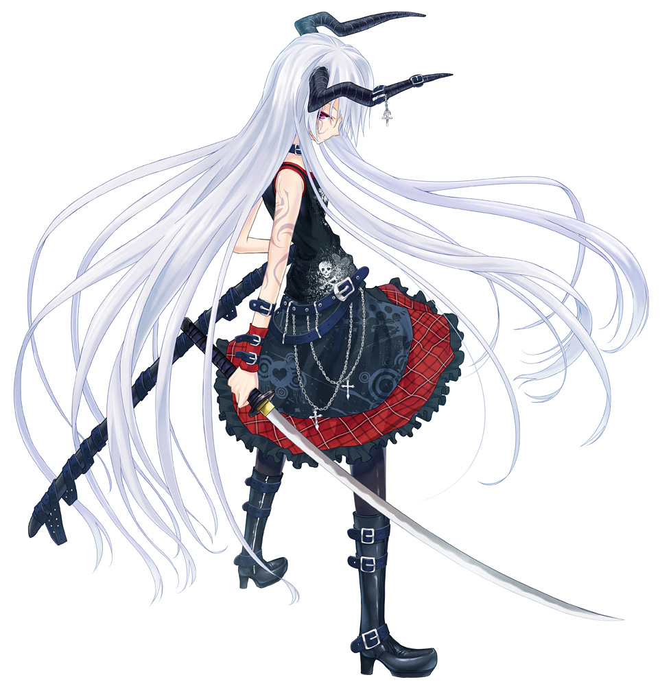 1girl, belt, boots, choker, cross, demon_girl, din_(flypaper), dress