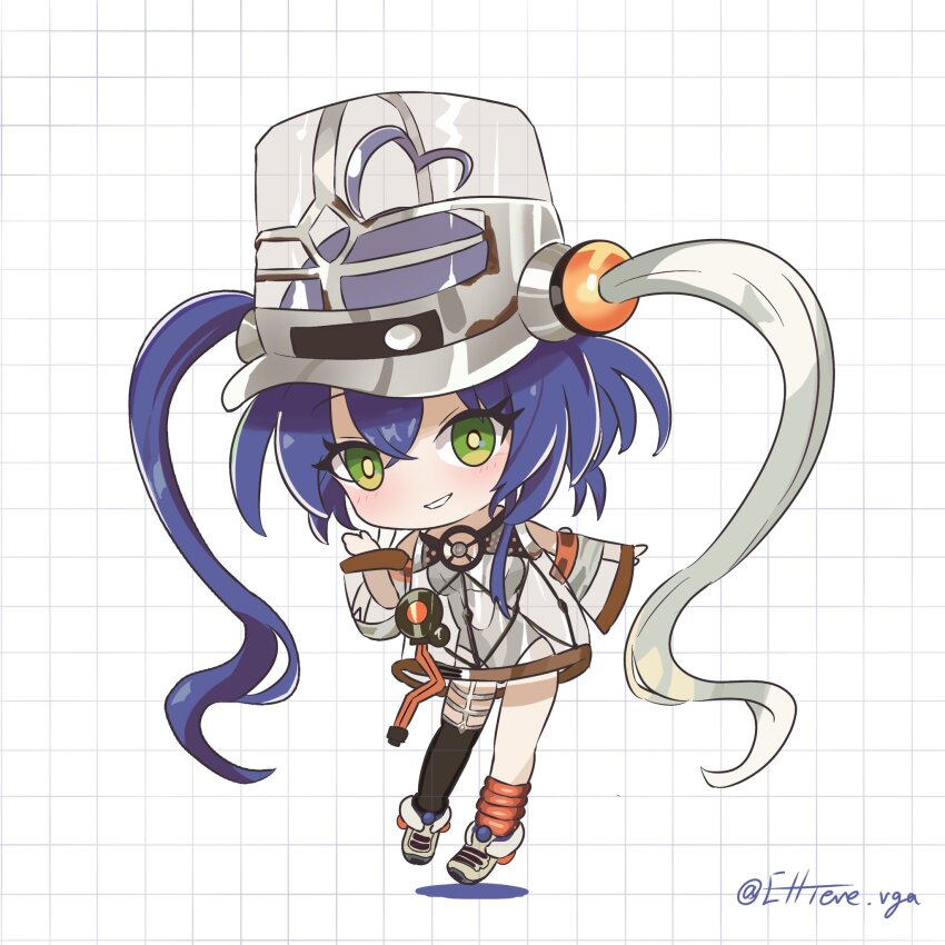 1girl, asymmetrical_legwear, blue_hair, chibi, commentary_request, dress, duel_monster, ellieve_vga, full_body, green_eyes, grid_background, hair_between_eyes, hat, highres, kewl_tune_cue, mismatched_legwear, see-through_clothes, see-through_dress, see-through_hat, see-through_sleeves, shako_cap, solo, twintails, twitter_username, yu-gi-oh!