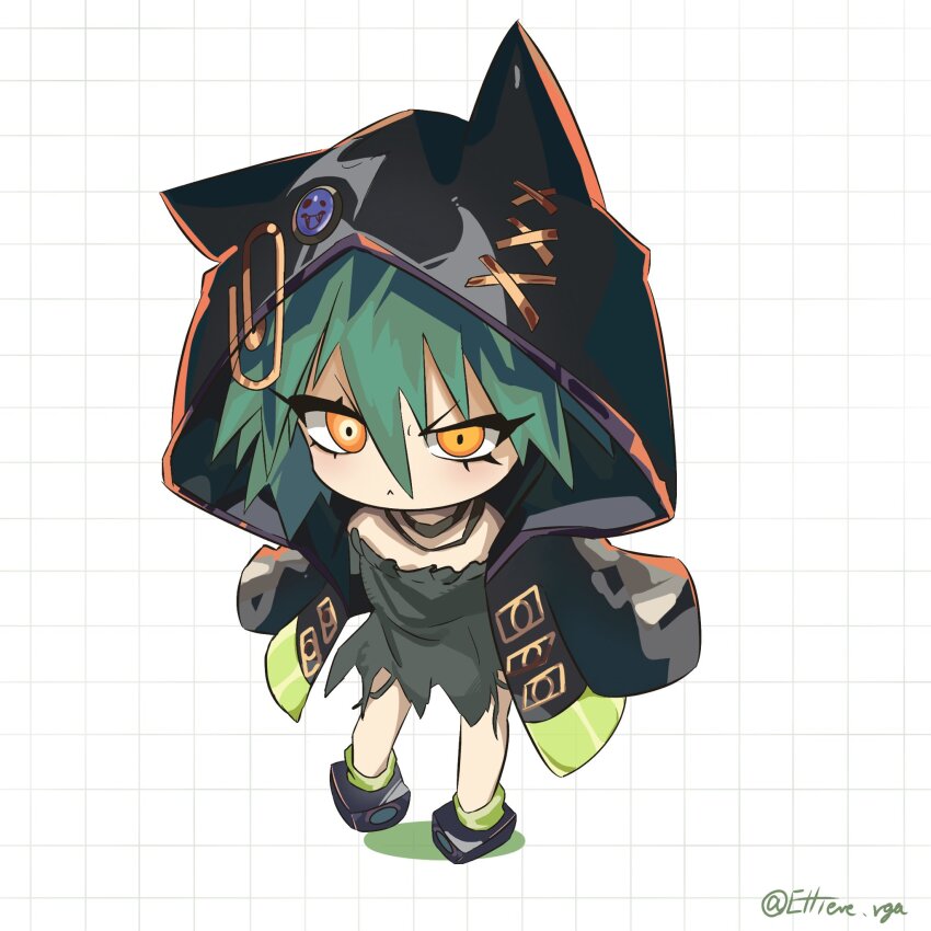animal_hood, cat_hood, chibi, commentary_request, duel_monster, ellieve_vga, full_body, green_eyes