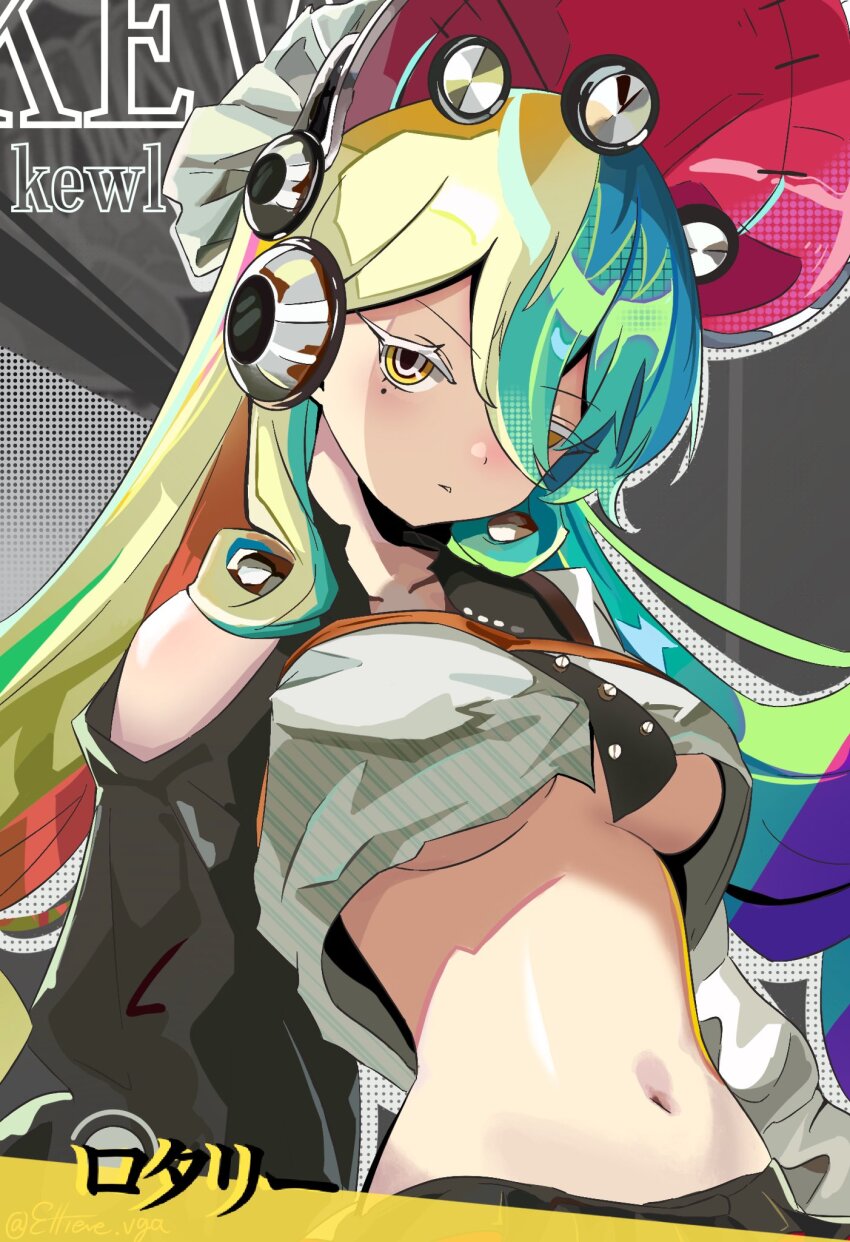 1girl, blonde_hair, breasts, colored_eyelashes, commentary_request, duel_monster, ellieve_vga, green_hair